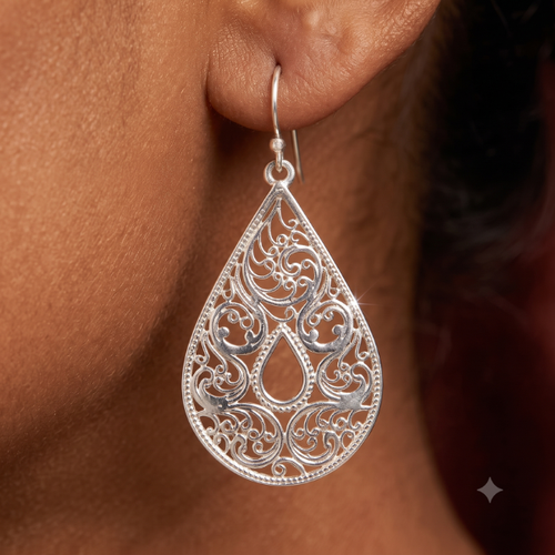 Silver Filigree Teardrop Drop Earring