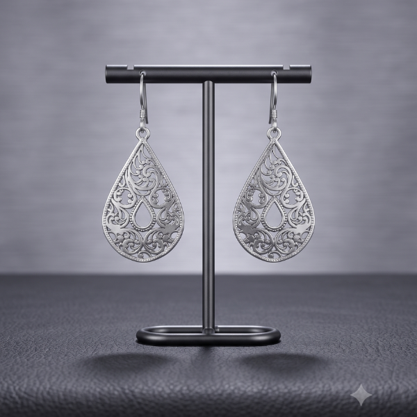 Silver Filigree Teardrop Drop Earring