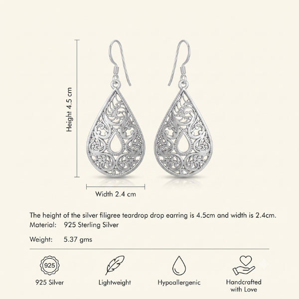 Silver Filigree Teardrop Drop Earring