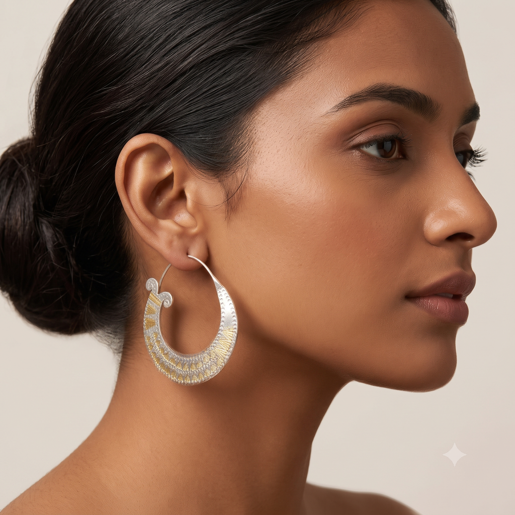 Silver and Gold Crescent Hoop Earring