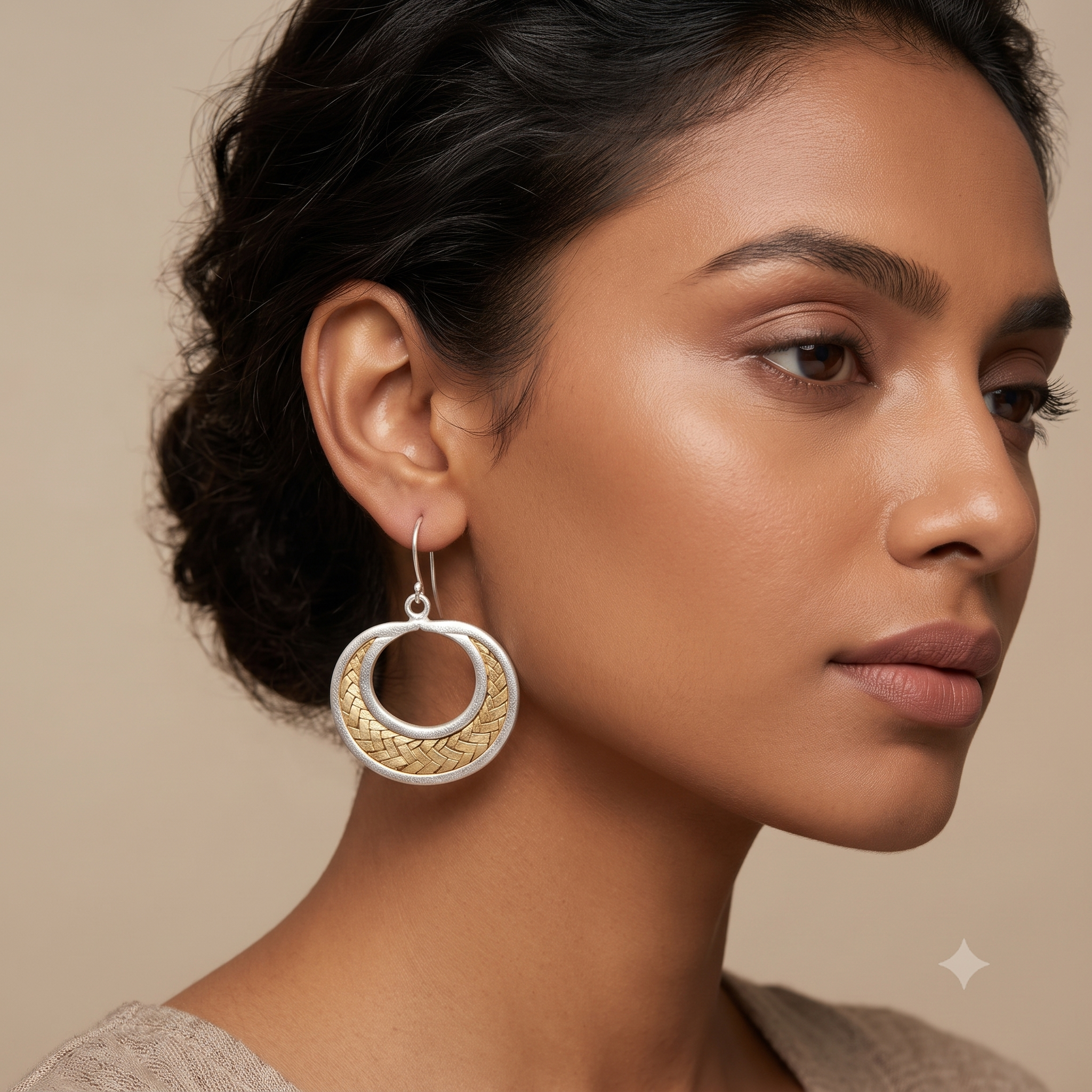 Two-Tone Silver Braided Crescent Hoop Earring