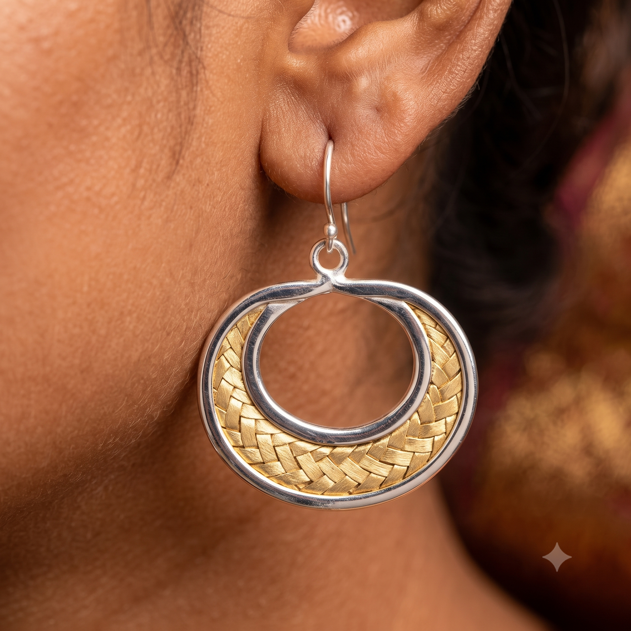 Two-Tone Silver Braided Crescent Hoop Earring