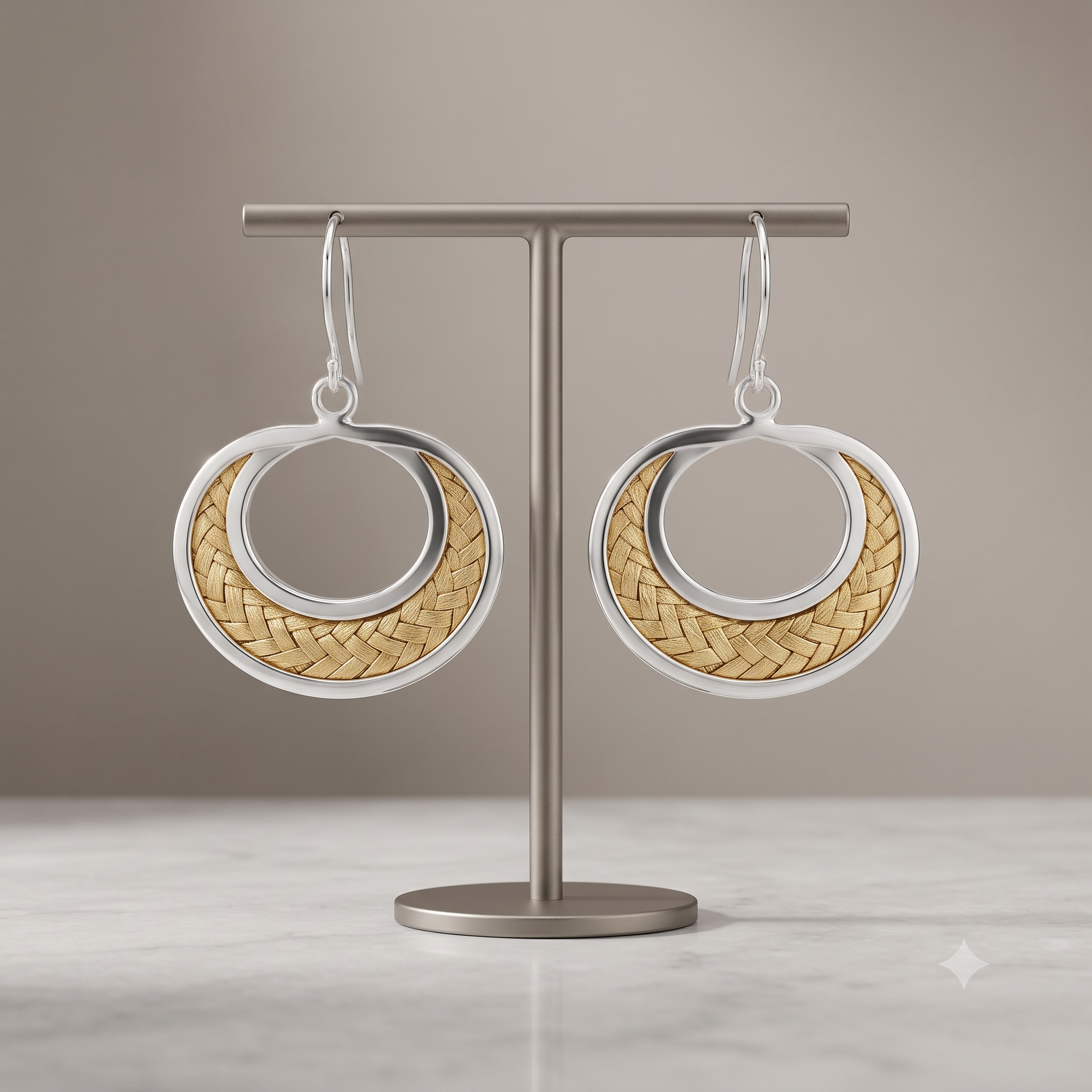 Two-Tone Silver Braided Crescent Hoop Earring