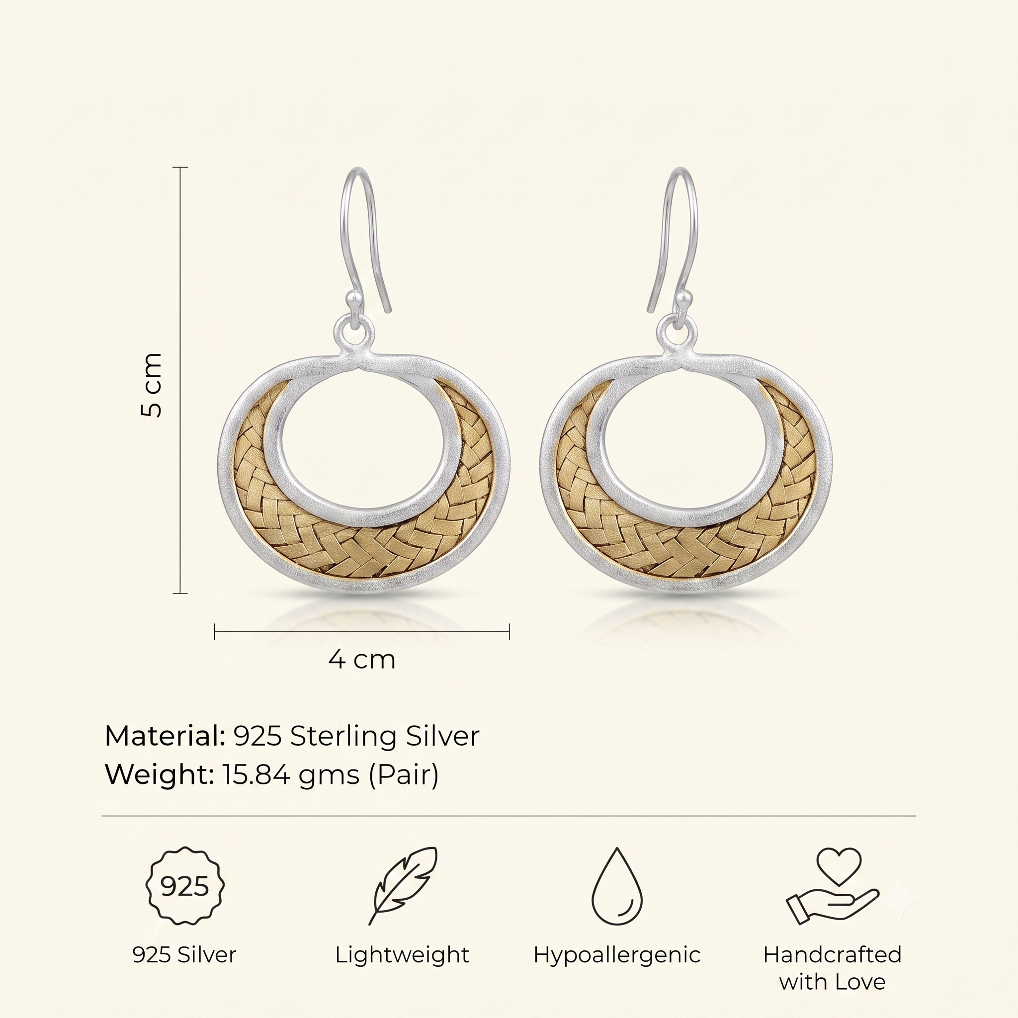 Two-Tone Silver Braided Crescent Hoop Earring